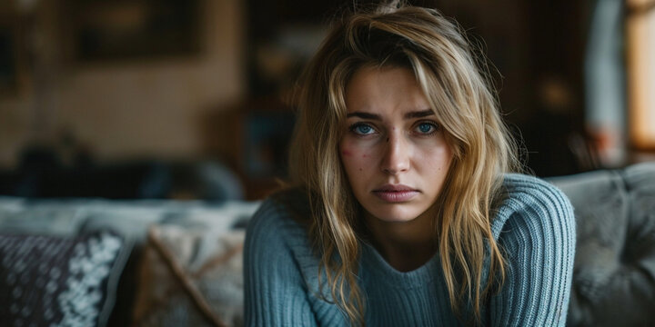 Domestic Violence Victim, Abuse, Awareness. Portrait Of Bruised Woman Looking At Camera. Female With Black Eye Sitting On Couch In Living Room