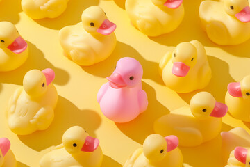 Creative pattern made with pink rubber duck unique or alone among yellow rubber duckies on yellow background. Surreal bathing concept. Retro style aesthetic idea.