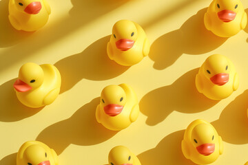 Creative pattern made with yellow rubber duckies on yellow background. Surreal bathing concept. Retro style aesthetic idea.