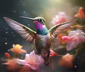 beautiful colorful hummingbird flying under pink flower against green background. close up. Ai generated
