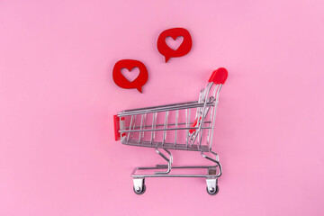 Valentine day sale with shopping cart gift box and heart decor