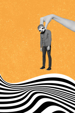 Vertical collage illustration poster monochrome effect hand hold caricature human sloth mask animal striped exclusive orange background