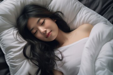 Naklejka premium As Asian woman, She lies comfortably on a white, plush bed and pillow. Serenity in Smiles, Witness the tranquil happiness of a young woman, her eyes radiating joy. Generative AI.