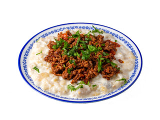 Turkish Ali Nazik Kebab with Yogurt, Minced Meat and Roasted Eggplant or Aubergine Kebap.