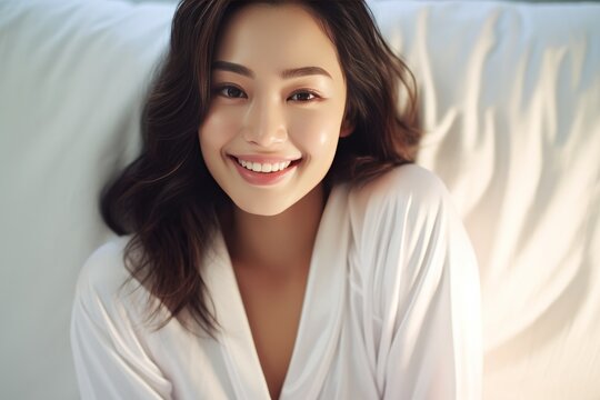 As Asian woman, She lies comfortably on a white, plush bed and pillow. Serenity in Smiles, Witness the tranquil happiness of a young woman, her eyes radiating joy. Generative AI.