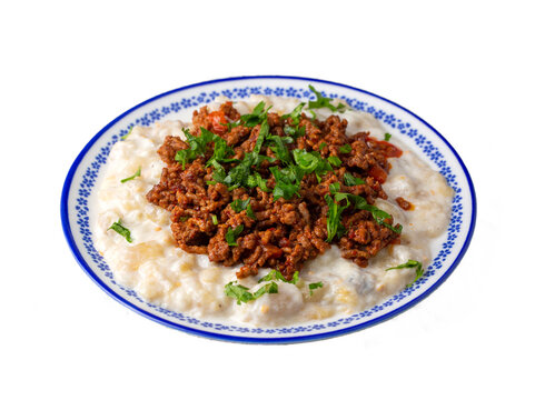 Turkish Ali Nazik Kebab with Yogurt, Minced Meat and Roasted Eggplant or Aubergine Kebap.