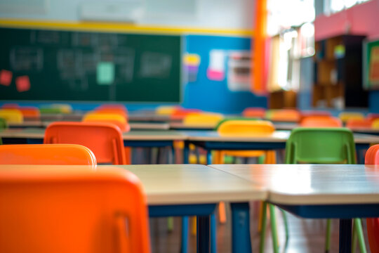 defocused empty elementary school classroom background