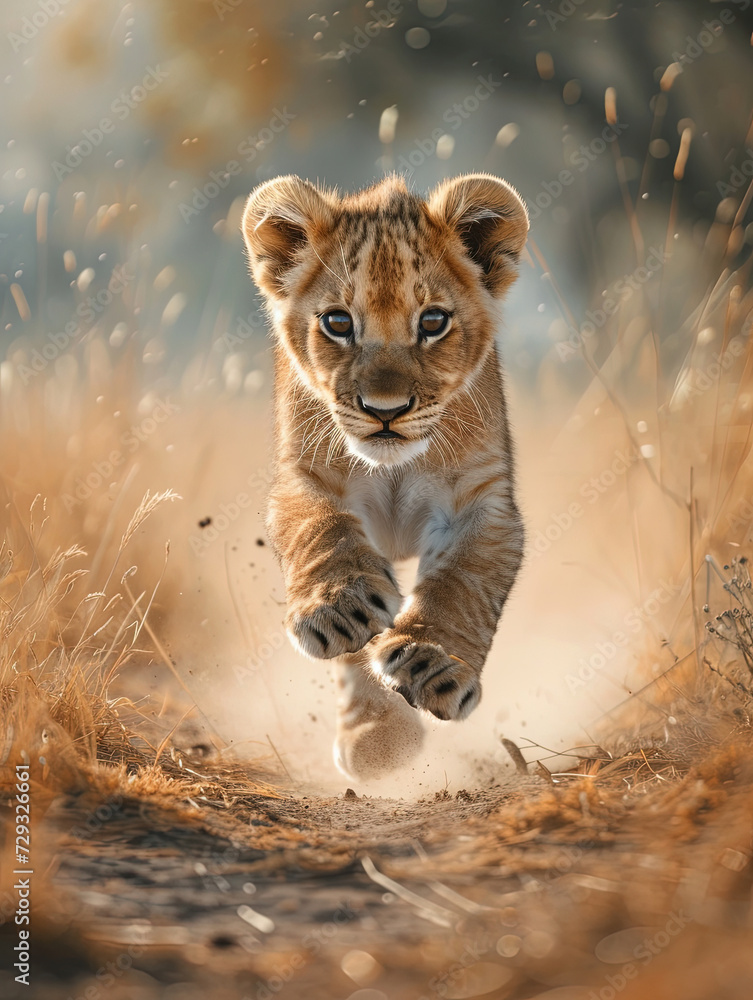 Wall mural close up of baby lion running