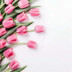 wedding desktop mockup with bouquet of pink tulips, emty space, top view