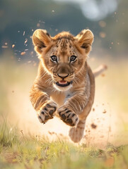 close up of baby lion running