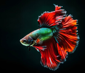 Fighting fish, a green fighting fish with a glistening light red tail, moves gracefully and calmly against a dark black background. Contrasting hues add a touch of fascination to the water movement.