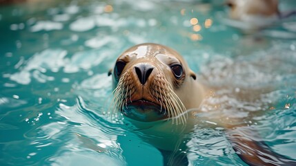 Fototapeta premium Crestfallen Sea Lion in Artificial Pool