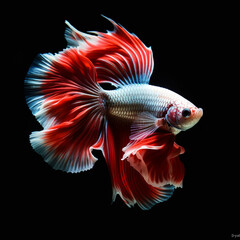 Fighting fish, a pink fighting fish with a glistening light red tail, moves gracefully and calmly against a dark black background. Contrasting hues add a touch of fascination to the water movement.