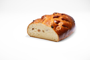 Sweet bun in a section on a white background. Sevastopolskaya bun from Berdyansk bakery