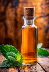 peppermint essential oil in a bottle. Selective focus.