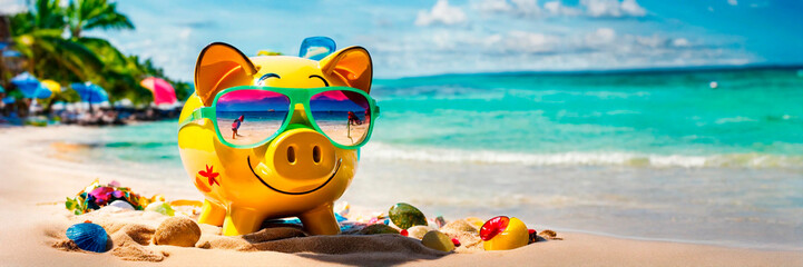 piggy bank on the beach. Selective focus.
