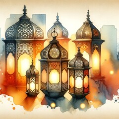 a row of ornate, traditional lanterns with intricate arabesque patterns