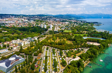 Lausanne, Switzerland - July 16, 2023: International Olympic Committee. Panorama of the city in summer. Aerial view