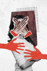 Exclusive magazine picture sketch collage image of lady denying sexual harassment isolated creative...