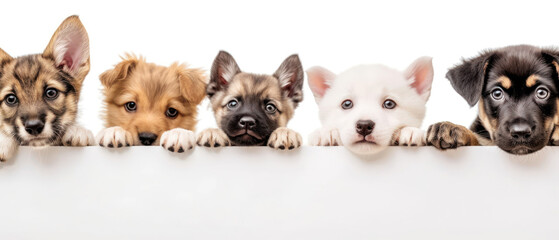Playful kittens and puppies peeking over edge, showcasing a blend of innocence and mischief