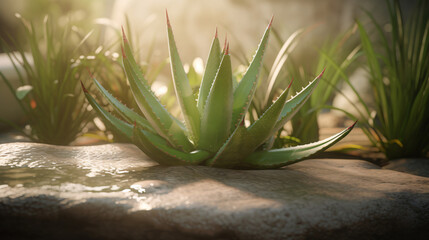Aloe Vera plant in a tranquil Zen garden setting with soft