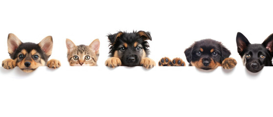 A delightful array of puppies and a kitten peeking over a barrier, with eyes full of curiosity