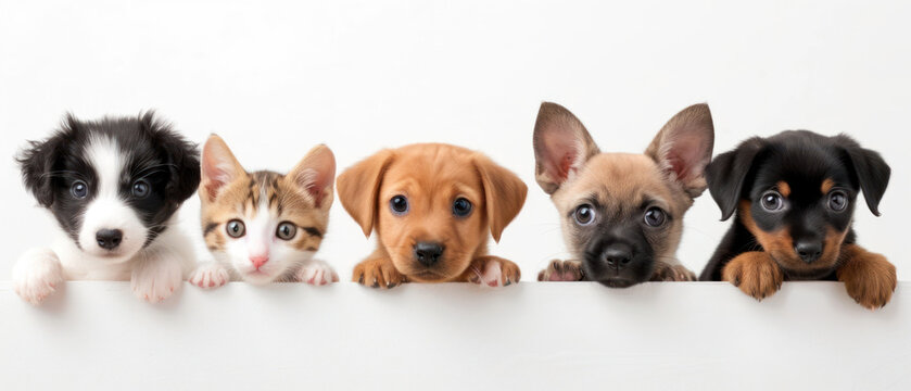 A delightful array of puppies and a kitten peeking over a barrier, with eyes full of curiosity