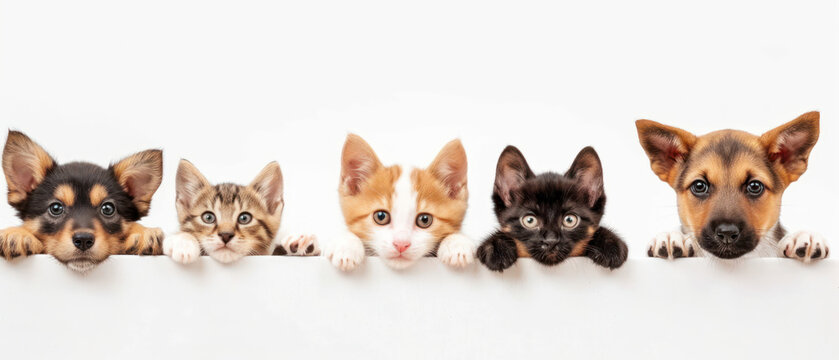 A delightful array of puppies and a kitten peeking over a barrier, with eyes full of curiosity