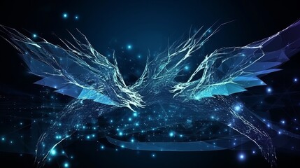 Abstract flying dragons on a dark blue background. Technological background for design on the topic of artificial intelligence, neural networks, big data. Copy space