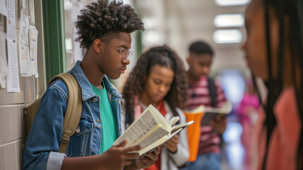 Garoto afro lendo um livro no corredor da escola - obrazy, fototapety, plakaty