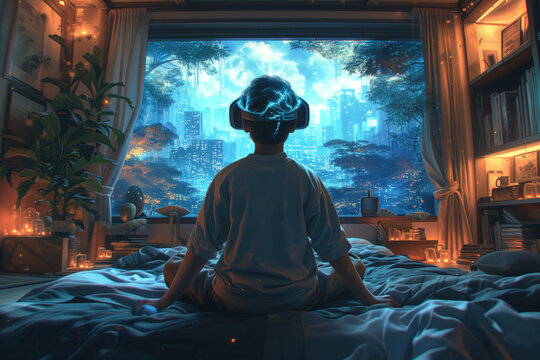 Child with VR headset in his home, playing video games, experiencing metaverse, immersive futuristic virtual reality experience