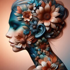 A creative and artistic representation of a person's profile, with flowers seamlessly integrated into their features