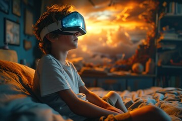 Child with VR headset in his home, playing video games, experiencing metaverse, immersive futuristic virtual reality experience - obrazy, fototapety, plakaty