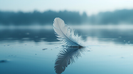 A Feather on the Lake close up, copy space, generative ai