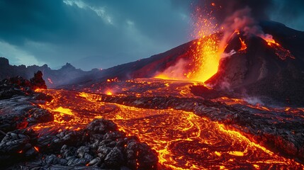 Mount Etna erupting with lava, smoke, and glowing lava fountains - obrazy, fototapety, plakaty
