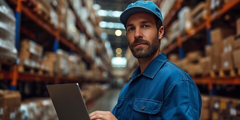 A young warehouse manager oversees operations using technology to ensure efficient delivery and distribution.
