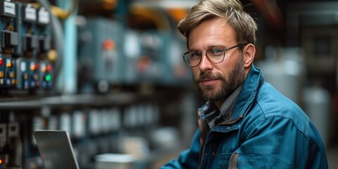 A confident engineer in glasses with a laptop works at a factory diagnosing errors in equipment.