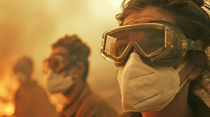 Foto op Plexiglas Escaping Massive Wildfire with Protective Masks and Goggles © AlissaAnn