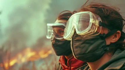 Foto op Plexiglas Escaping Massive Wildfire with Protective Masks and Goggles © AlissaAnn