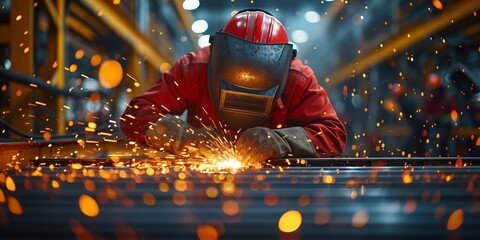 An experienced welder skillfully manipulates metal to create sparks accurately and safely. - obrazy, fototapety, plakaty