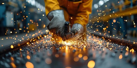 A skilled adult welder works in an industrial plant, using precision and protective equipment to create sparks among metal structures. - obrazy, fototapety, plakaty