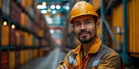 A confident mature Caucasian man in a hard hat stands in a warehouse.
