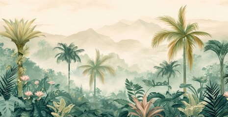 Fototapeta na wymiar wallpaper jungle and leaves tropical forest - drawing vintage