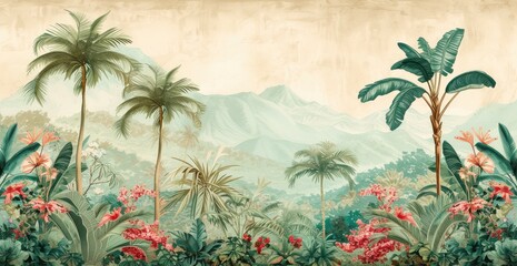 wallpaper jungle and leaves tropical forest - drawing vintage
