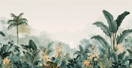 wallpaper jungle and leaves tropical forest - drawing vintage - obrazy, fototapety, plakaty