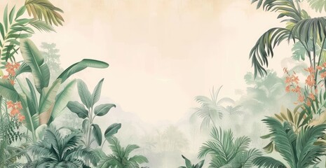 wallpaper jungle and leaves tropical forest - drawing vintage - obrazy, fototapety, plakaty