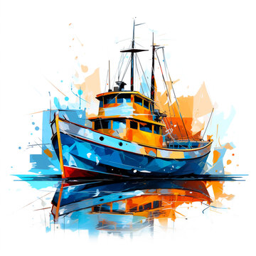 A colorful painting of a small fishing boat in the sea on white background.