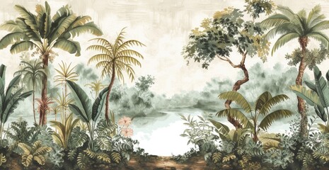 wallpaper jungle and leaves tropical forest - drawing vintage