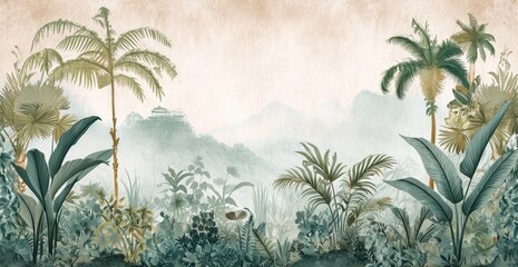 Fototapeta na wymiar wallpaper jungle and leaves tropical forest - drawing vintage