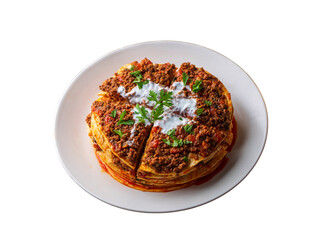 Turkish Food Kayseri Yaglama with Minced Meat, Yogurt and Tomato Paste